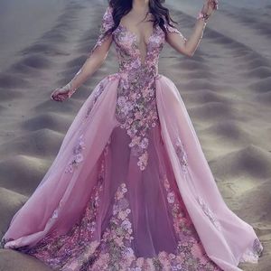 Blush Pink Mermaid Prom Dresses Sexy escote apliques de manga larga Sheer Backless vestido de noche 2017 Charming Celebrity Red Carpet Dresses