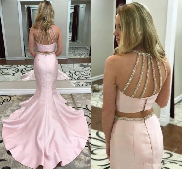 Vestidos de graduación de Mermaid Pink Pink de rubor Dos piezas Satinado Satinado 2024 Trazo de barrido más nuevo Vestido de noche hecho a la noche