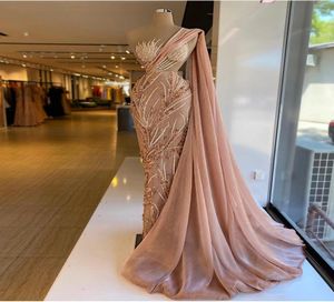 Robes de bal de sirène rose blush avec enveloppe une épaule en dentelle perle dubaï robe de soirée robe de soirée arabe 2021 femmes pa4399023