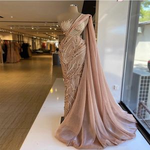 Blush Pink sirena vestidos De graduación con envoltura un hombro encaje con cuentas Dubai brillo bata De noche árabe vestido De noche 2021 mujeres Pa326Y