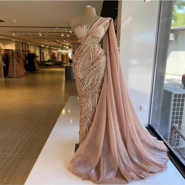 Blush rose sirène robes de bal avec Wrap une épaule dentelle perlée Dubaï paillettes Robe De soirée arabe Robe de soirée 2021 femmes Pa326Y