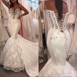 2022 robes de mariée sexy dentelle appliques cristal perlé sirène tulle chapelle train robes de mariée sur mesure