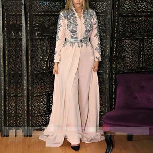 Blozen roze Marokkaanse kaftan avondjurk broek pakken appliques prom Algerijnse beroemdheid partij formele jurken lange mouwen islamitische moslim vrouwen speciale gelegenheid dragen