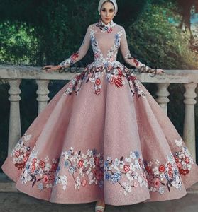 Blush roze moslim prom -jurken Lace Puffy Ball Jurk 3D bloemen bloem borduurwerk lange mouw Arabische hijab avondjurken jurken8636088