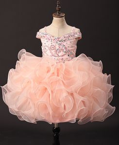 Blush rose épaule dénudée petites filles Pageant robe cristal volants bretelles enfants fête robe formelle robe de bal robes de fille de fleur sur mesure