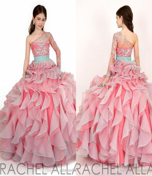 Blush Pink Un hombro Vestidos para niñas 2016 Rachel Allan Perfect Angle Vestidos de fiesta de cumpleaños para niños Volantes Organza Vestido lindo5841537