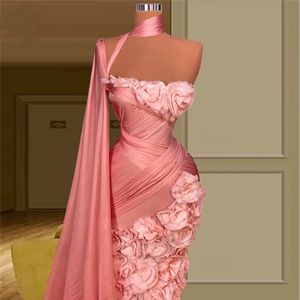 Blozen roze een schouder lange avondjurken robe de soiree couture 3D bloemen celebrity prom jurken Dubai feestjurken