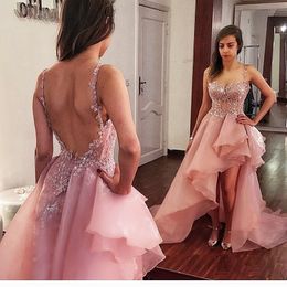 Blush Pink Cocktail Jurken Sexy Side Split Backless 2019 Prom Gowns Spaghetti Hals Sheer Evening Wear Party Dress