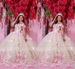 Blush Pink Pearls Floral 3d Flowers Quinceanera Dresses Long Train Off the Shoulder Naakt Lining Prom Ball Jurk Sweet 16 Jurken 15 Girls