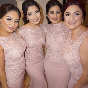 Blozen roze plus size bruidsmeisje jurken vintage zeemeermin kant bedekte knop mouwloze satijn 2017 bruiloft gasten formele slijtage avondjurken