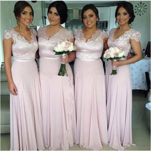 Blozen roze mooie bruidsmeisje jurken kant v-hals afgekapte mouwen chiffon lange bruiloft feestjurk 2017 op maat gemaakte elegante junior prom dress
