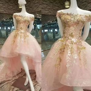 Blozen roze galajurken hoog laag gouden borduursel kant uit de schouder op maat gemaakt grote maten avondjurk formeel Ocn Wear vestidos