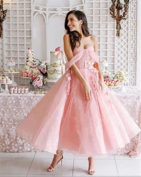 Blush Pink Vestidos de fiesta Vestidos de noche formales cortos florales de encaje 3D Fuera del hombro Vestido de invitado de fiesta hasta el tobillo Tallas grandes 328 328