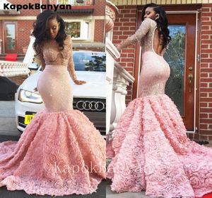 Blush roze prom -jurken zeemeermin lange mouw zie door halslijn bloem sprankelend kristal Afrikaans nieuwste avondjurk6383154