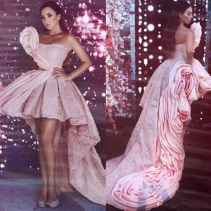 Blush Pink Prom Dresses Rufflues Hoge Cocktail Party Jurk Satijn en Kant Applicaties Robe de Soiree Celebrity Avondjurken