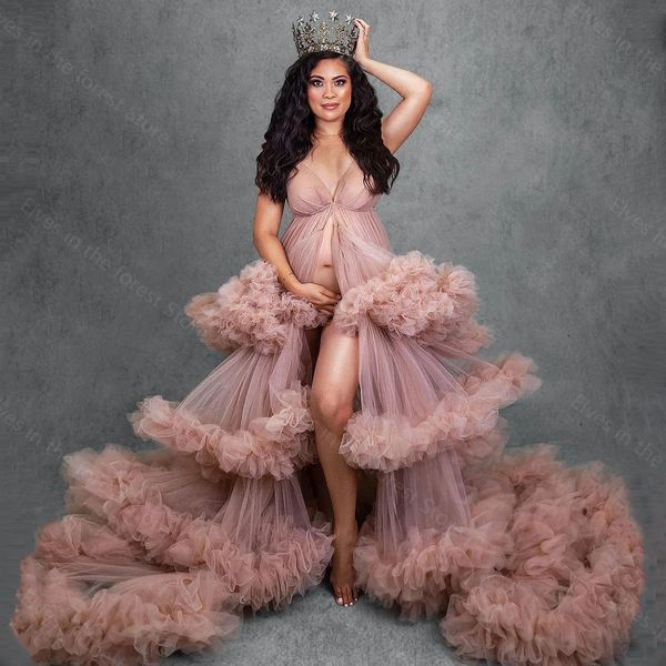 Robes de bal rose blush robes de maternité en tulle pour séance photo grossesse longs volants robe sans manches robe de douche de bébé pour la photographie