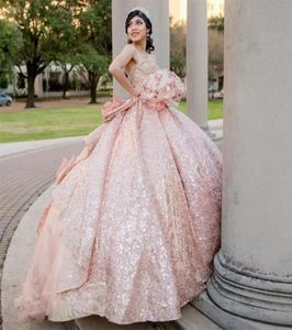 Blush roze quinceanera -jurken baljurk voor zoete 16 jurk boog pailletten afstuderen feest prinses jurken vestido de 15 anos3730938