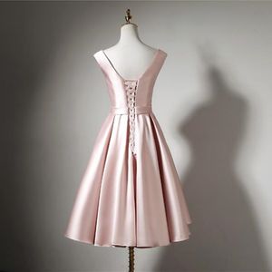 Blush roze satijnen korte bruidsmeisje jurken veter omhoog 2020 knie lengte feestjurk robe de soiree2789