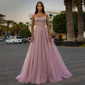 Blozen Roze Pailletten Gala Formele Jurk Tule Spaghetti Bandjes Een Lijn Lange Formele Avonden Feestjurken Dames Vloerlengte Lace Up Abendkleider Robe De Soriee