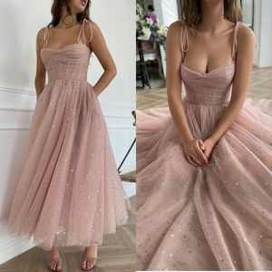 Blozen roze pailletten prom dress sexy spaghetti nek ruches tule plus size formele partij avondjurken thee lengte