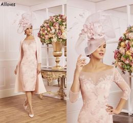 Blush Pink Vaina Vestidos para madre de la novia con chaqueta larga de gasa Cabo de encaje Apliques Bateau Neck Mujeres Vestidos de fiesta formales Novio Vestido de madre para boda CL1899
