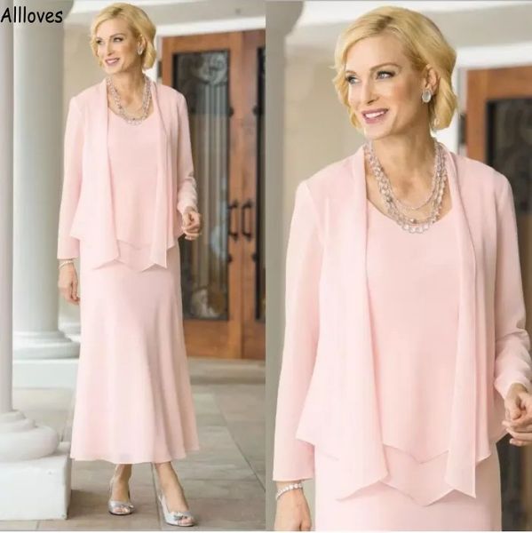 Blush Pink Vaina Vestidos para madre de la novia con chaqueta de manga larga Tres piezas Gasa Hasta el tobillo Mujeres Fiesta formal Novio Vestido de madre para boda CL1885