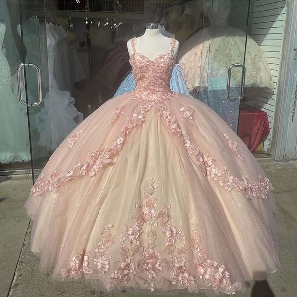 Blush Pink Sparkly Quinceañera Vestidos de baile 2021 Fuera del hombro Lentejuelas Vestido de fiesta Tul Fiesta Dulce 15 16 Vestido Quincea era Anos202d