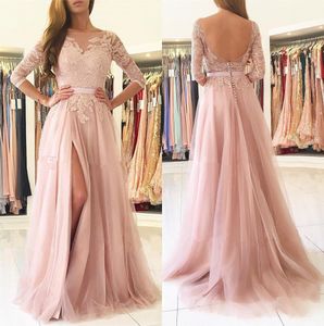 Blush roze gesplitste bruidsmeisjes jurken pure nek 3/4 lange mouwen appliques kanten maid van honorale bruiloft gastenjurken goedkoop 329