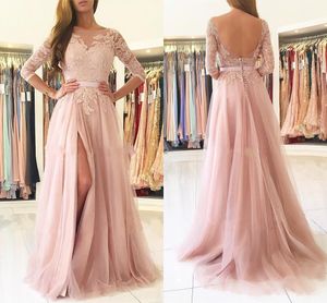 Blush Pink Split Long Bridesmaids Jurken 2019 Sheer Neck 3 4 Long Mouwen Appliques Lace Maid Maid of Honor Country Wedding Guest Gown2719