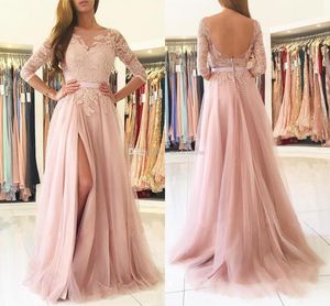 Blush rose fendu longues robes de demoiselles d'honneur col transparent 3/4 manches longues appliques dentelle demoiselle d'honneur pays robes d'invité de mariage pas cher