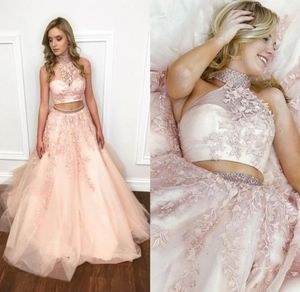 Blush roze tweedelige prom -jurken High Neck Appliques Lace kralen Tule Ball Jurk Prom jurken Zoet 16 jurken2699027