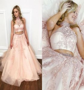 Blush roze tweedelige prom -jurken High Neck Appliques Lace kralen Tule Ball Jurk Prom jurken Sweet 16 jurken924115333