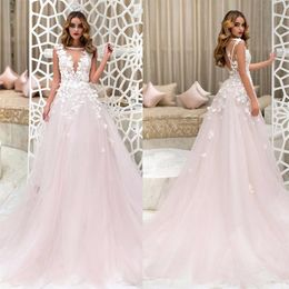 Blush Pink Vestido de novia Sin espalda Cuello transparente Apliques florales 3D Encaje Tul Una línea Tren de barrido Vestidos de novia de boda por encargo237Y