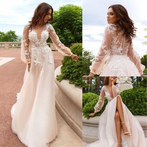 Robes de mariée rose à jougts Bride Bride à manches longues appliques sexy profonde V cou sur mesure plus taille plus taille une ligne vestido de novia plage illusion 2022 403