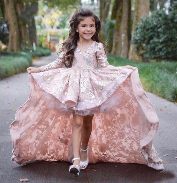 Blush PinkChampagne High Low vestidos de desfile para niñas traje de belleza ropa 2018 vestido de encaje más nuevo mangas largas 7127031