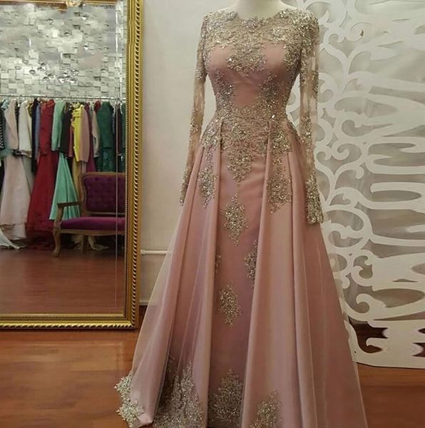 Blush Rose or à manches longues robes de mariée pour les femmes portent des appliques de dentelle cristal Abiye Dubai Caftan robes de soirée de mariage musulman