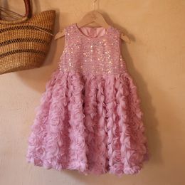 Blush Rose Pink Flower Girls -jurken met lovertjes kanten applique kralen juweel nek mouwloze kleine babymeisje prinses feest baljurk verjaardag optochtjurk