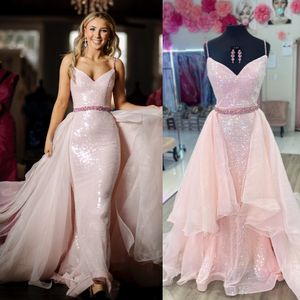 Vestido de fiesta formal con lentejuelas rubor 2k24 Sobrefalda de organza con volantes Vestido largo ajustado para dama Concurso de graduación Evento de noche Gala Cóctel Alfombra roja Vestido de baile Sesión de fotos Cinturón con cuentas