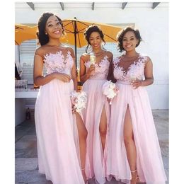 Blush Sexy Side Boho Dress Chiffon Pink Bridesmaid High Fiving Floor Longitud A-Line Wedding Gown Ilusion Lace Appliques Top Long Prom Party Wear