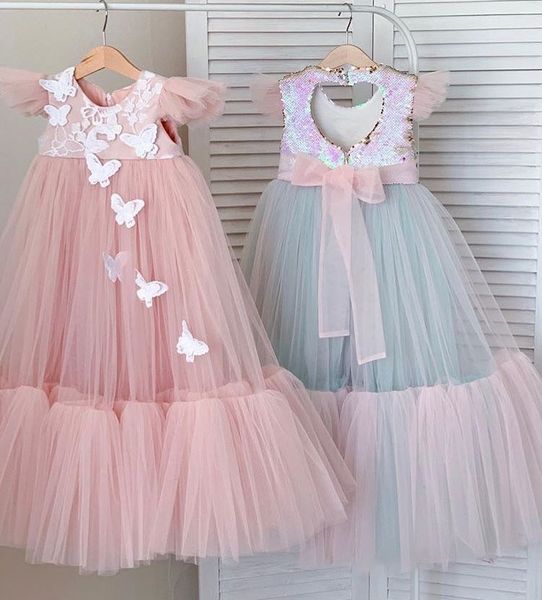 Blush Tulle Flower Girl Dresses 2022 A-Line ButterFly Infant Kids Pageant Vestidos Robe De Demoiselle Kids Princess Birthday Party