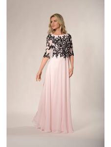 Blozen roze en zwart lange bescheiden bruidsmeisjekleding met pure mouwen kant lijfje chiffon rok a-line meiden van eer jurk