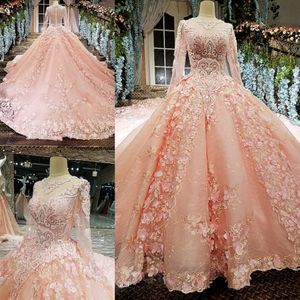 Blushing Pink Ball Gown Vestidos de novia de lujo con mangas largas Illusion Top Lace Vestidos de novia vintage con color Fotos reales por encargo