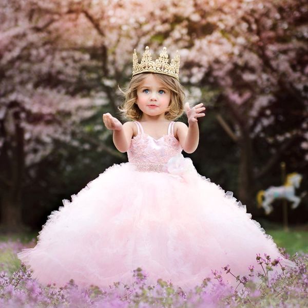 Blushing Pink Beauty Flower Girl Dress Sweetheart Applique Beaded-Sash Ruffles Tulle Pageant Dress 2017 Élégant Bébé Filles Robes D'anniversaire