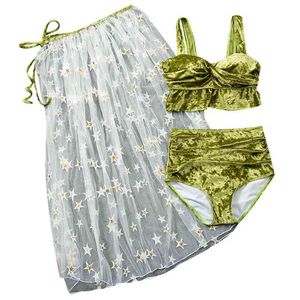 Blv50 gouden fluwelen bikini badpak vrouwen drie punt hoge wachten sexy 2 stuk set beachwear badkleding 210722