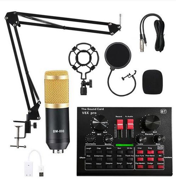 BM 800 Micrófonos de audio profesionales V8 Pro Conjunto de tarjeta de sonido BM800 Mic Studio Micrófono de condensador para TV Live Vocal Recording Podcast Performance