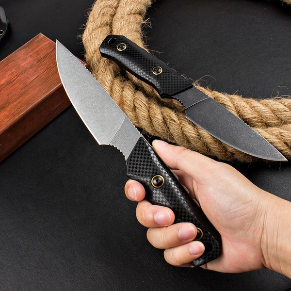 BM15600 O Cuchillo de caza recto D2 Hoja de lavado de piedra Espiga completa Nylon más mango de fibra de vidrio Cuchillos de supervivencia de hoja fija para exteriores con Kydex 2 estilos