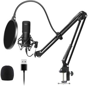 BM800 USB Condenseur Microphone Poule d'œuvre, kit de micro podcast avec bras de ciseaux de suspension micro réglable avec support de choc et filtre POP
