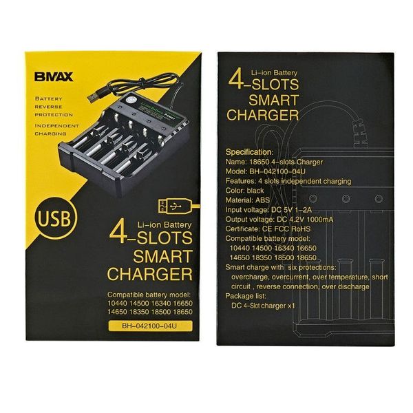 Cargador de batería BMAX cargador de batería de litio USB de cuatro ranuras cargador de 3,7 V adecuado para baterías 18650 14500 16340 18350 18500