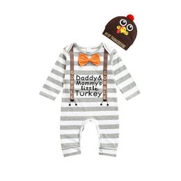 BMNMSL 2 STKS Baby Thanksgiving Day Outfits Baby Jongens Stripe Letter Print Lange Mouw Ronde hals Jumpsuit + Dierpatroon Cap G1023