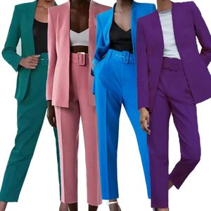 BMUEHMZA Damesverkopende eenvoudige en modieuze effen kleur kantoorpak jas hoge taille broek 240127